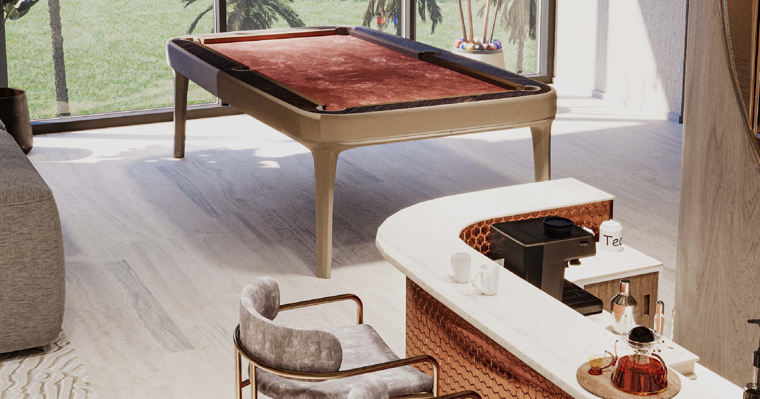 Pearl House Iii By Imtiaz A modern interior featuring a sleek pool table, elegant chairs, and a stylish bar area with drinks and a coffee machine.